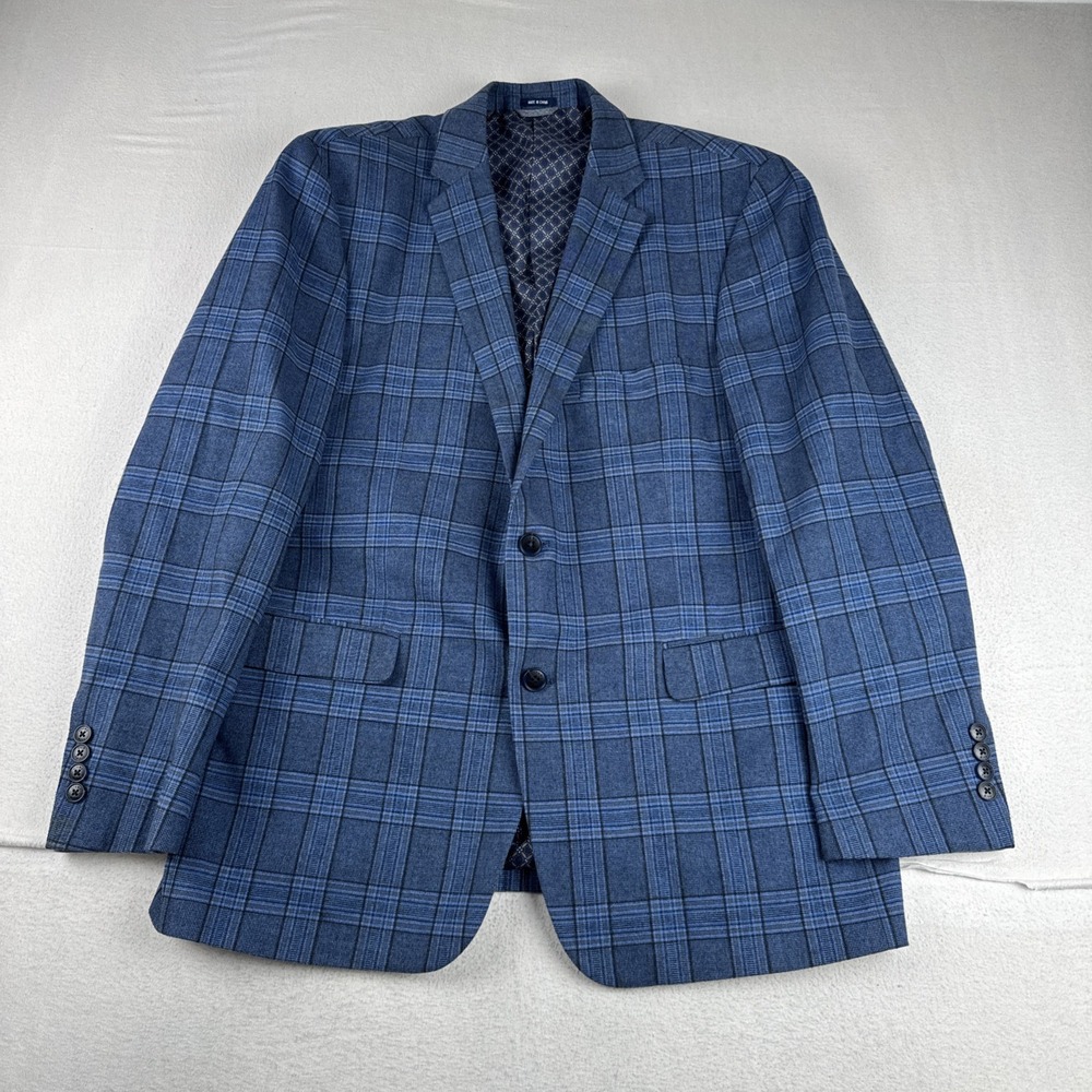 Crown & Ivory Mens Blue Windowpane Sport Coat 44R Cotton Spandex Blend preppy